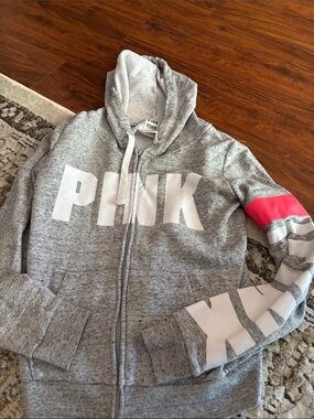 PINK Victoria's Secret Gray Hoodie with Pink Sleeve Accent